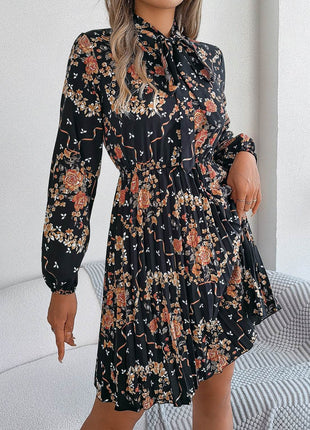 Pleated Printed Tie Neck Long Sleeve Dress - MimiStylez