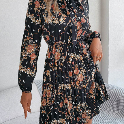 Pleated Printed Tie Neck Long Sleeve Dress - MimiStylez