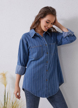 Pocketed Striped Button Up Denim Shirt - MimiStylez