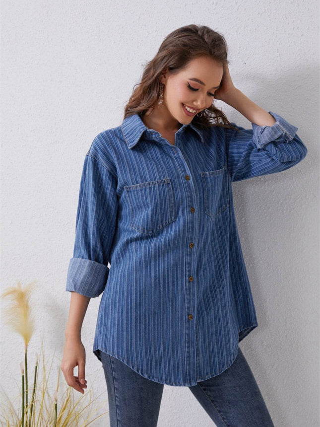 Pocketed Striped Button Up Denim Shirt - MimiStylez