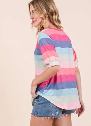 BOMBOM Striped Round Neck Half Sleeve T-Shirt - MimiStylez