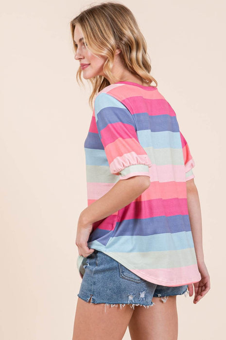 BOMBOM Striped Round Neck Half Sleeve T-Shirt - MimiStylez