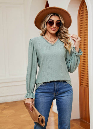 V-Neck Flounce Sleeve Blouse - MimiStylez