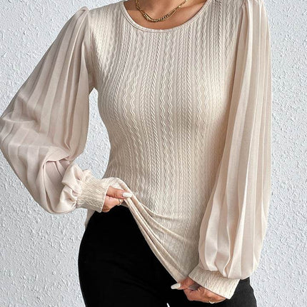 Pleated Puff Sleeve Round Neck Blouse - MimiStylez