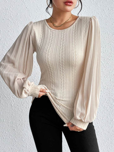 Pleated Puff Sleeve Round Neck Blouse - MimiStylez