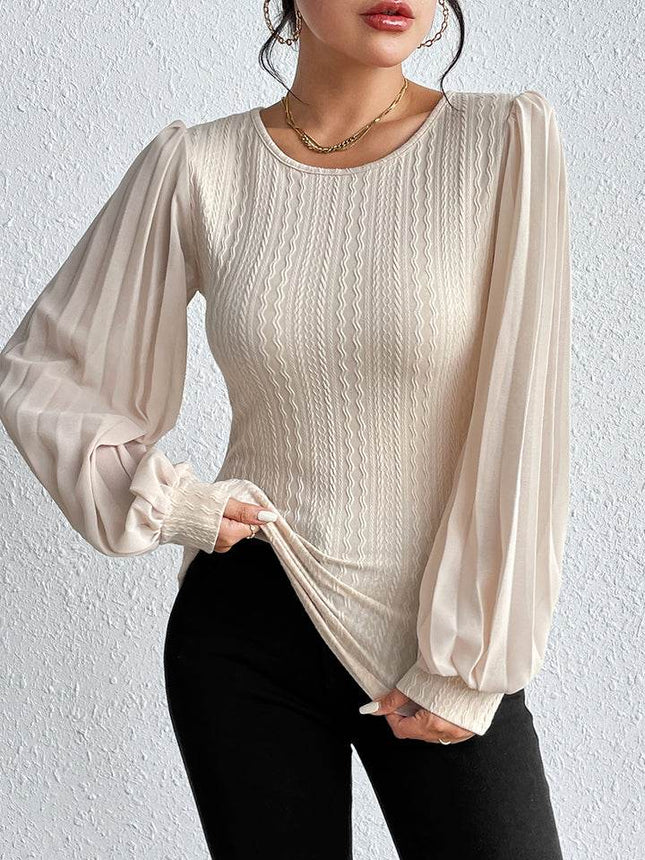 Pleated Puff Sleeve Round Neck Blouse - MimiStylez