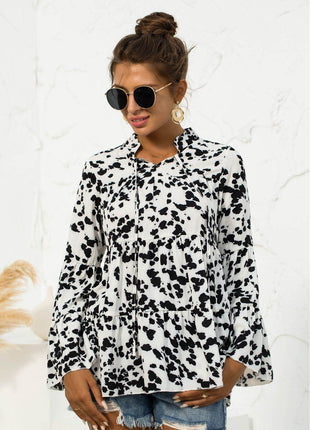 Printed Flare Sleeve Tie Neck Ruffle Trim Blouse - MimiStylez