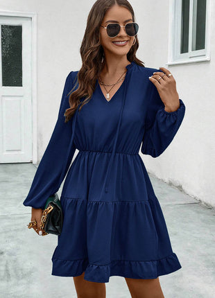 V-Neck Tie Neck Long Sleeve Dress - MimiStylez