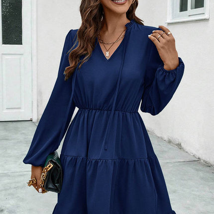 V-Neck Tie Neck Long Sleeve Dress - MimiStylez