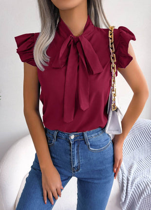 Tie Neck Cap Sleeve Blouse - MimiStylez