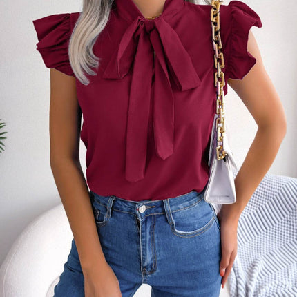 Tie Neck Cap Sleeve Blouse - MimiStylez