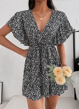 Cutout Ditsy Floral Surplice Flounce Sleeve Dress - MimiStylez
