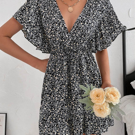 Cutout Ditsy Floral Surplice Flounce Sleeve Dress - MimiStylez