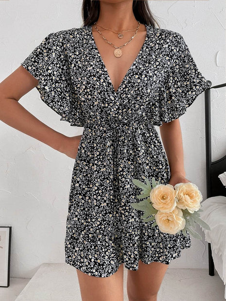 Cutout Ditsy Floral Surplice Flounce Sleeve Dress - MimiStylez
