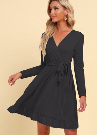 Long Sleeve Tie Waist Ruffle Hem Dress - MimiStylez