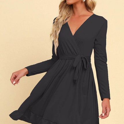 Long Sleeve Tie Waist Ruffle Hem Dress - MimiStylez