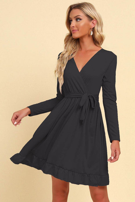 Long Sleeve Tie Waist Ruffle Hem Dress - MimiStylez
