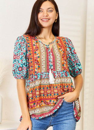 Bohemian Tassel Tie Puff Sleeve Babydoll Blouse - MimiStylez