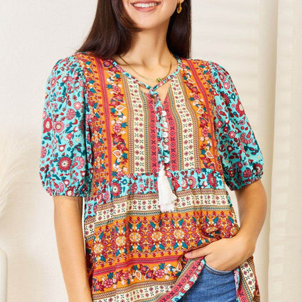 Bohemian Tassel Tie Puff Sleeve Babydoll Blouse - MimiStylez