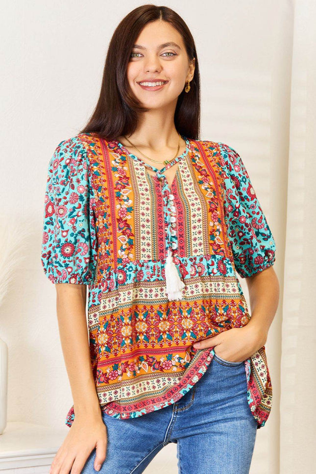 Bohemian Tassel Tie Puff Sleeve Babydoll Blouse - MimiStylez