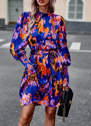 Printed Tie Waist Mock Neck Lantern Sleeve Dress - MimiStylez