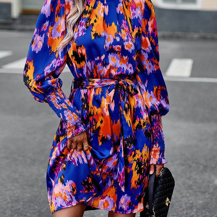 Printed Tie Waist Mock Neck Lantern Sleeve Dress - MimiStylez