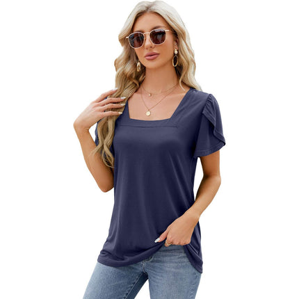 Square Neck Short-sleeved T-shirt With Petal Sleeve Design Bohemian Loose T-shirt - MimiStylez