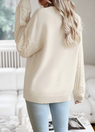 Cable-Knit Round Neck Drop Shoulder Sweater