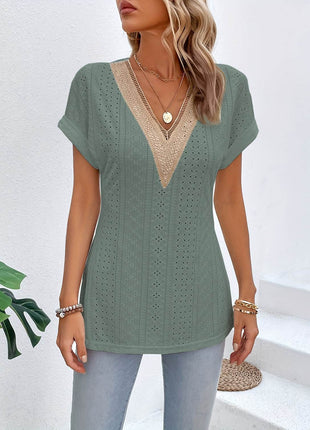 Slit Eyelet V-Neck Short Sleeve Blouse - MimiStylez