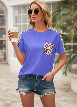 Pocketed Leopard Round Neck Short Sleeve T-Shirt - MimiStylez