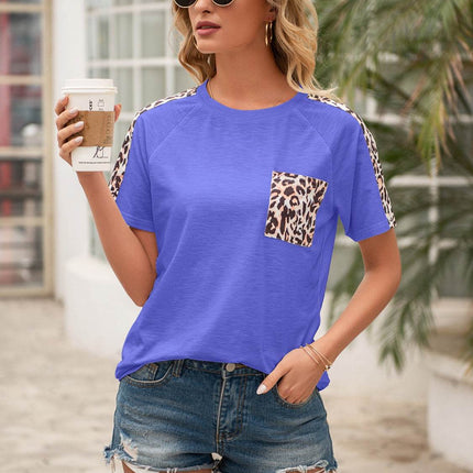 Pocketed Leopard Round Neck Short Sleeve T-Shirt - MimiStylez