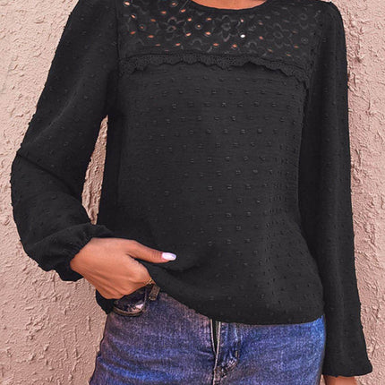 Swiss Dot Lace Trim Long Sleeve Blouse - MimiStylez