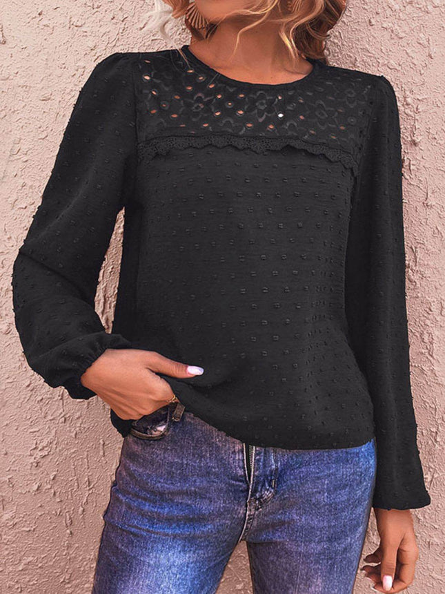 Swiss Dot Lace Trim Long Sleeve Blouse - MimiStylez