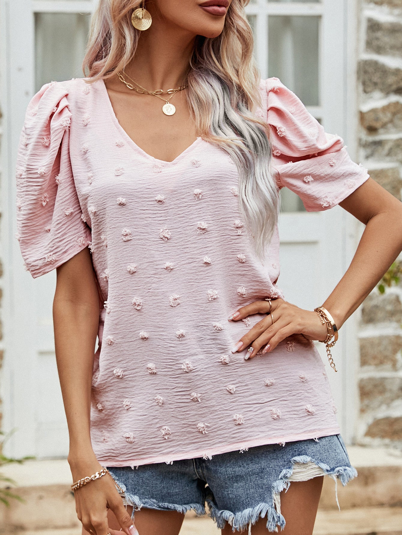 Swiss Dot Short Puff Sleeve Top