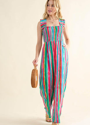 And The Why Full Size Striped Smocked Sleeveless Jumpsuit - MimiStylez