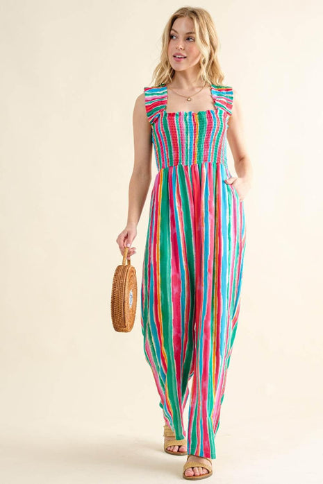 And The Why Full Size Striped Smocked Sleeveless Jumpsuit - MimiStylez