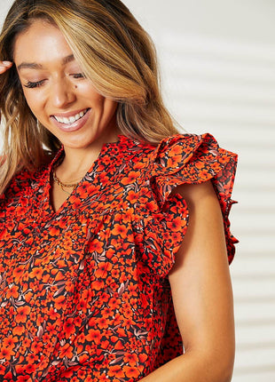 Double Take Floral Flutter Sleeve Notched Neck Blouse - MimiStylez