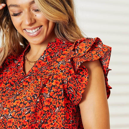Double Take Floral Flutter Sleeve Notched Neck Blouse - MimiStylez