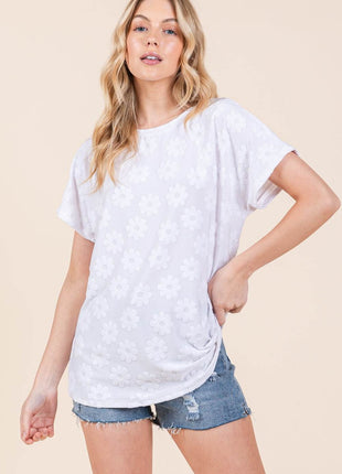 BOMBOM Floral Textured Short Sleeve T-Shirt - MimiStylez