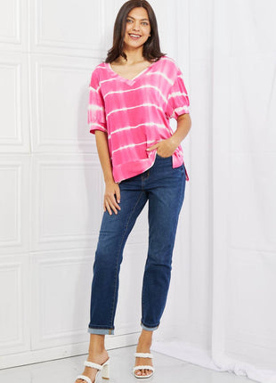 Yelete Full Size Oversized Fit V-Neck Striped Top - MimiStylez