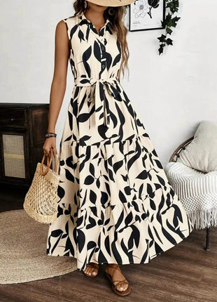 Printed Tie Waist Sleeveless Maxi Dress - MimiStylez