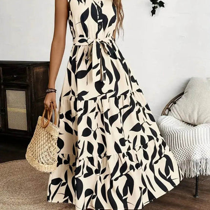 Printed Tie Waist Sleeveless Maxi Dress - MimiStylez