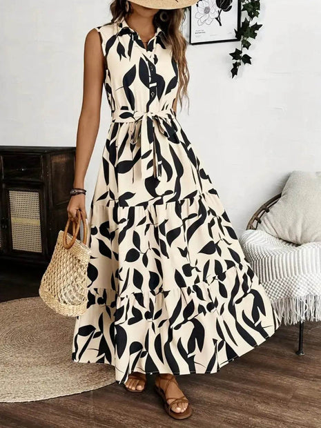 Printed Tie Waist Sleeveless Maxi Dress - MimiStylez