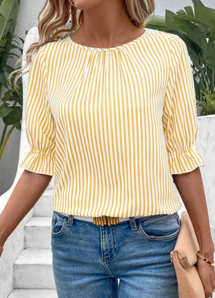 Striped Round Neck Half Sleeve Casual Blouse - MimiStylez