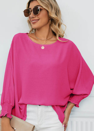 Smocked Lantern Sleeve Round Neck Blouse - MimiStylez