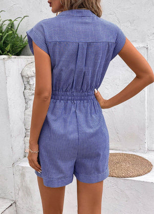 Striped Notched Tie Waist Romper - MimiStylez