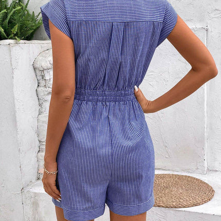 Striped Notched Tie Waist Romper - MimiStylez