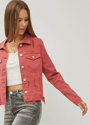 RISEN Raw Hem Button Up Cropped Denim Jacket - MimiStylez