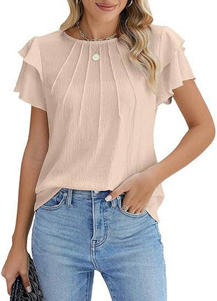 Women's Ruffle Short Sleeve Shirts Dressy Casual Crewneck Top - MimiStylez
