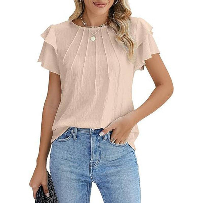 Women's Ruffle Short Sleeve Shirts Dressy Casual Crewneck Top - MimiStylez